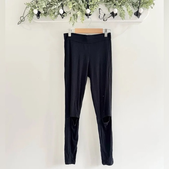 Joah Brown Cut Loose Leggings High Waisted Cut-Out Knees Sueded Onyx Black - Picture 6 of 9